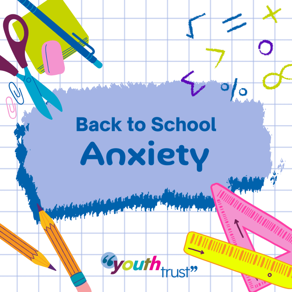 Back To School Anxiety - graphic of pencil, scissors, pens, rulers and a set square