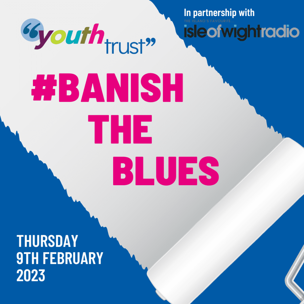 Graphic with slogan saying banish the blues blue background with paint roller painting the blue white